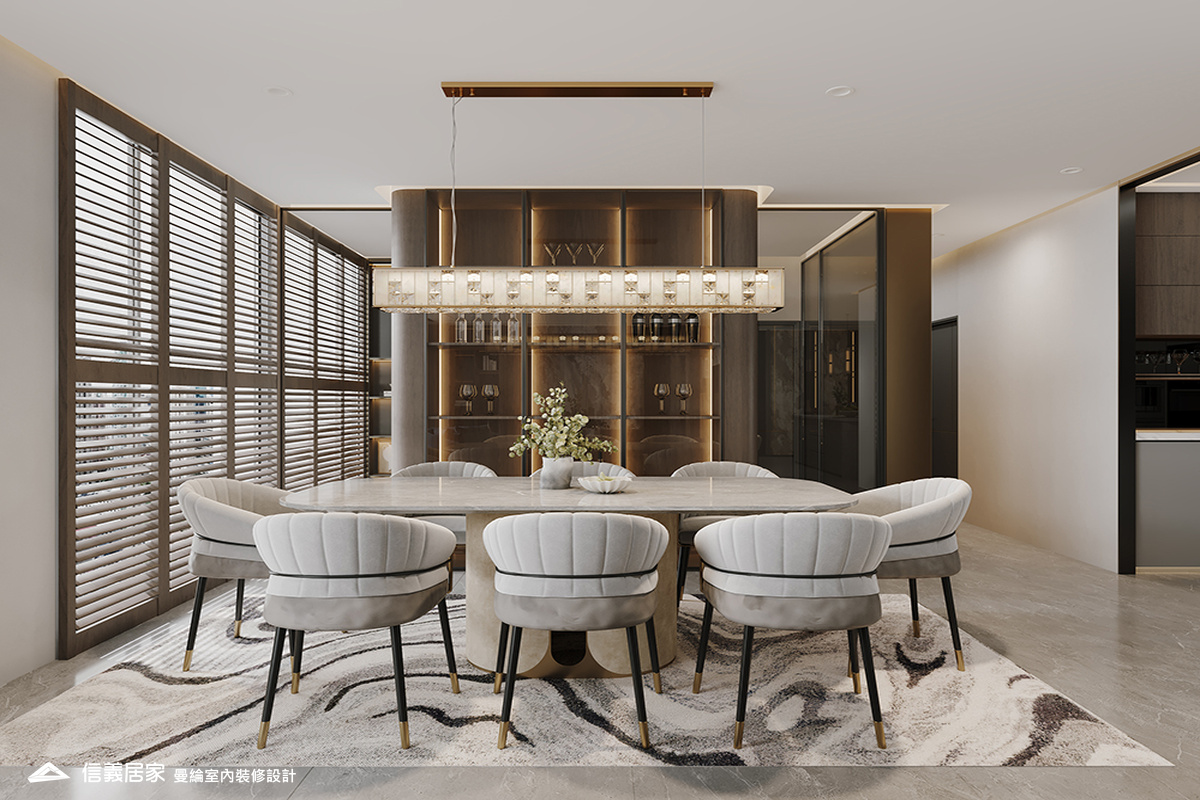 餐廳-2-退休宅 輕奢風 大板磚 鍍鈦飾條 格柵 美術吊燈