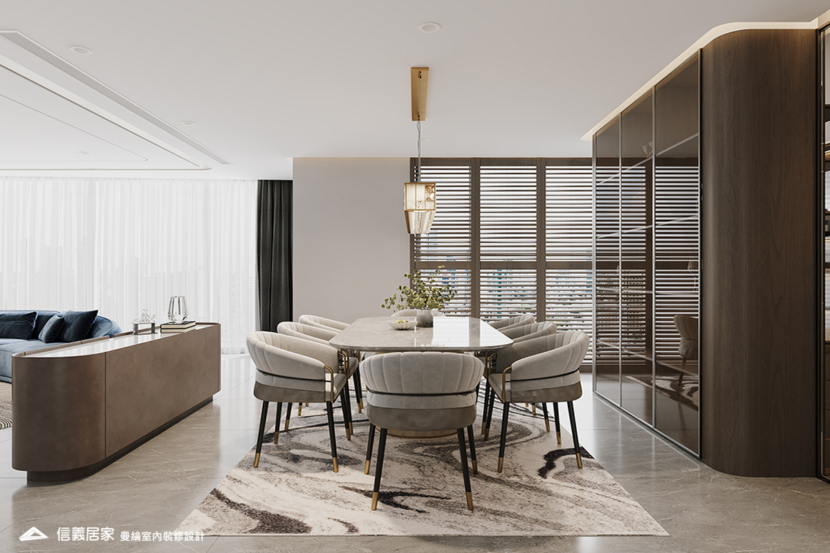 餐廳-3-退休宅 輕奢風 大板磚 鍍鈦飾條 格柵 美術吊燈