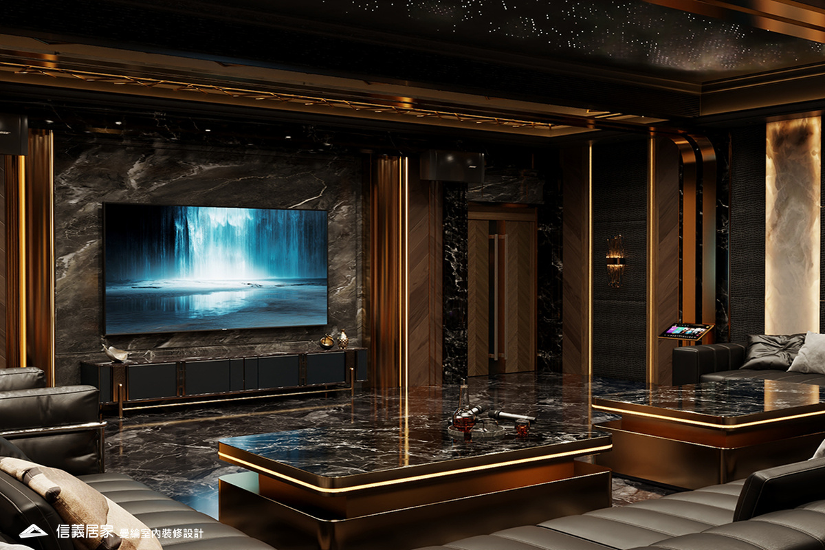 KTV室-4-招待所 奢華風 大理石 鍍鈦飾條 水晶吊燈 大板磚