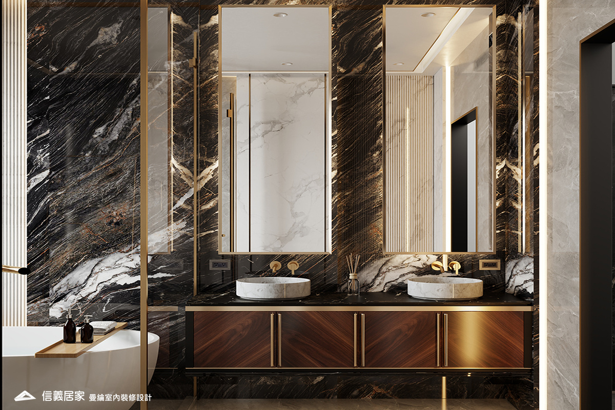 主浴-1-招待所 奢華風 大理石 鍍鈦飾條 水晶吊燈 大板磚