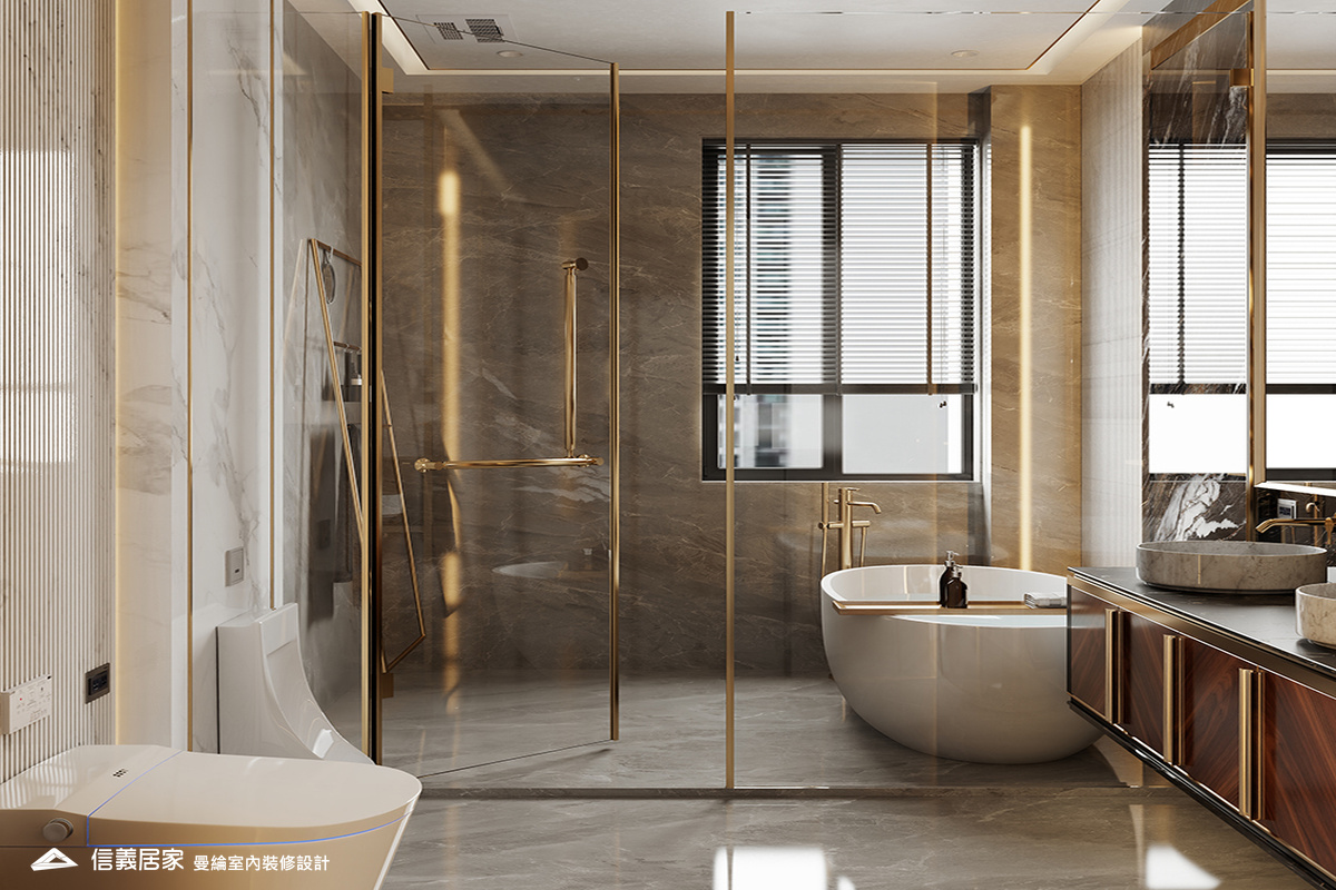 主浴-2-招待所 奢華風 大理石 鍍鈦飾條 水晶吊燈 大板磚