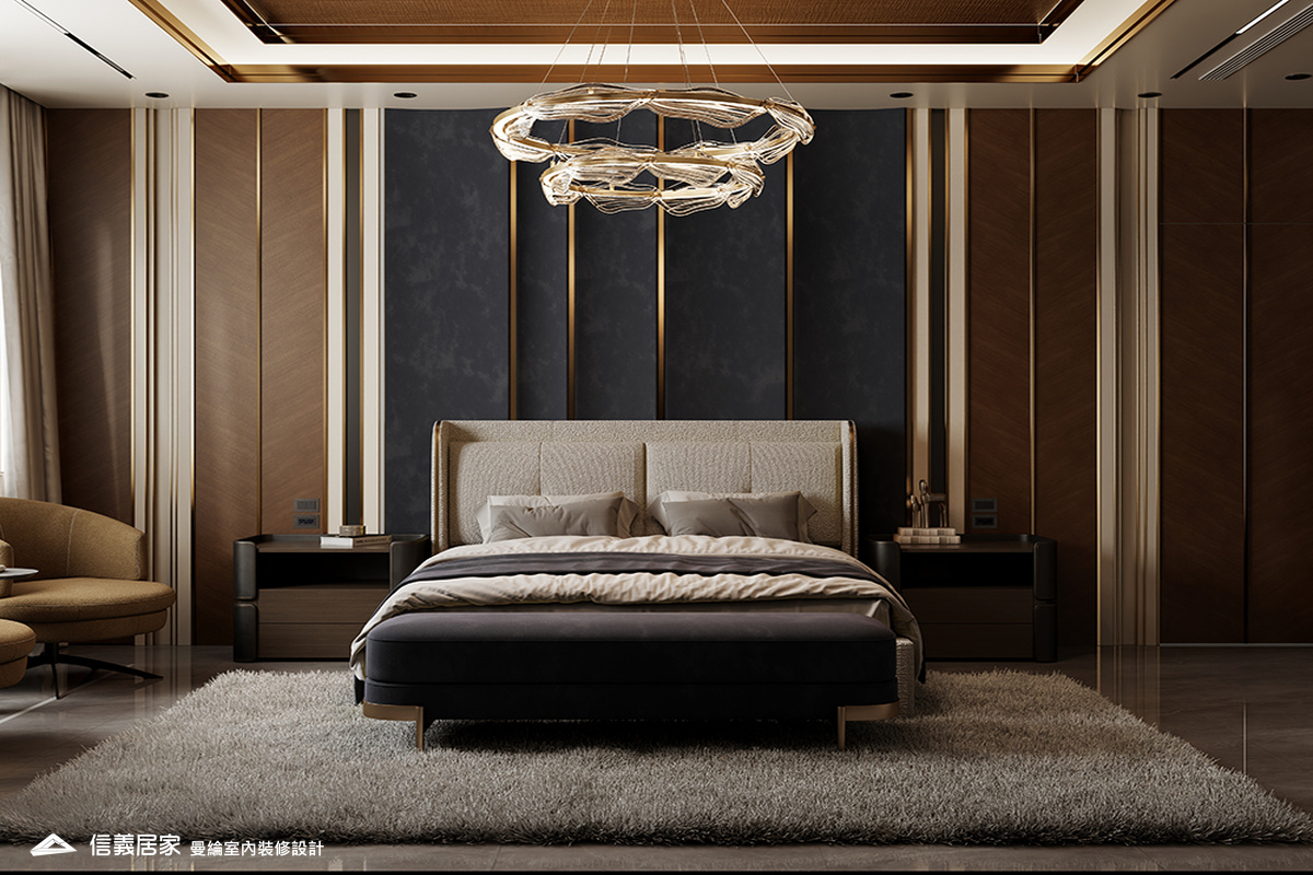 主臥-1-招待所 奢華風 大理石 鍍鈦飾條 水晶吊燈 大板磚