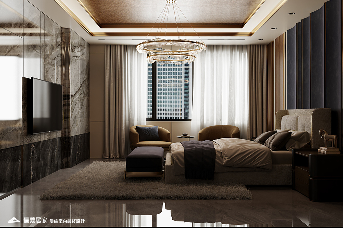 主臥-2-招待所 奢華風 大理石 鍍鈦飾條 水晶吊燈 大板磚