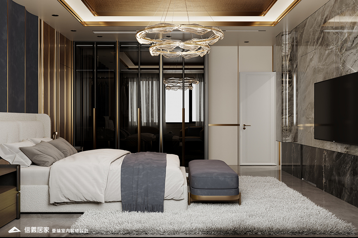 主臥-3-招待所 奢華風 大理石 鍍鈦飾條 水晶吊燈 大板磚
