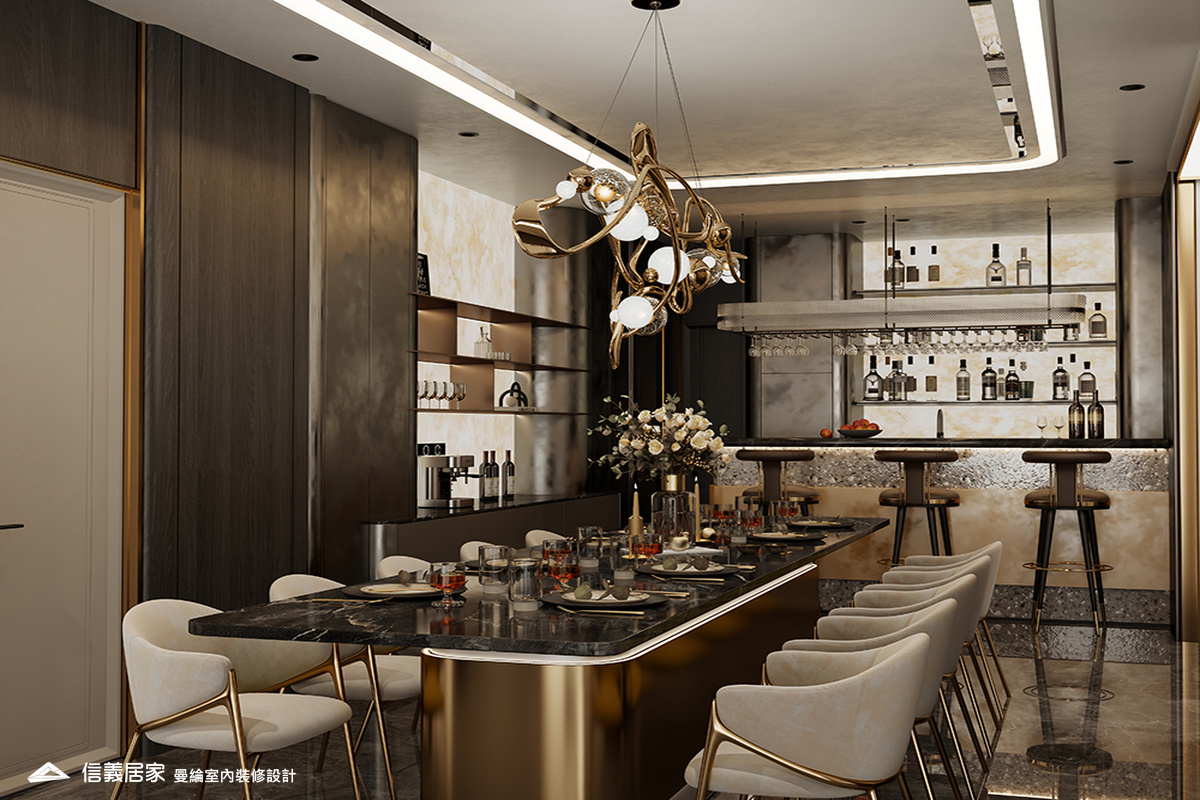 吧檯-1-招待所 奢華風 大理石 鍍鈦飾條 水晶吊燈 大板磚