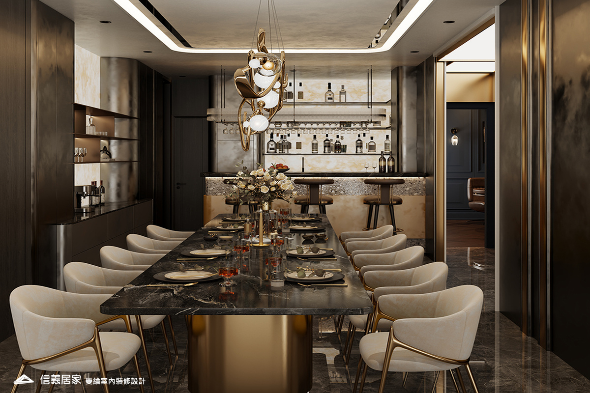 吧檯-2-招待所 奢華風 大理石 鍍鈦飾條 水晶吊燈 大板磚