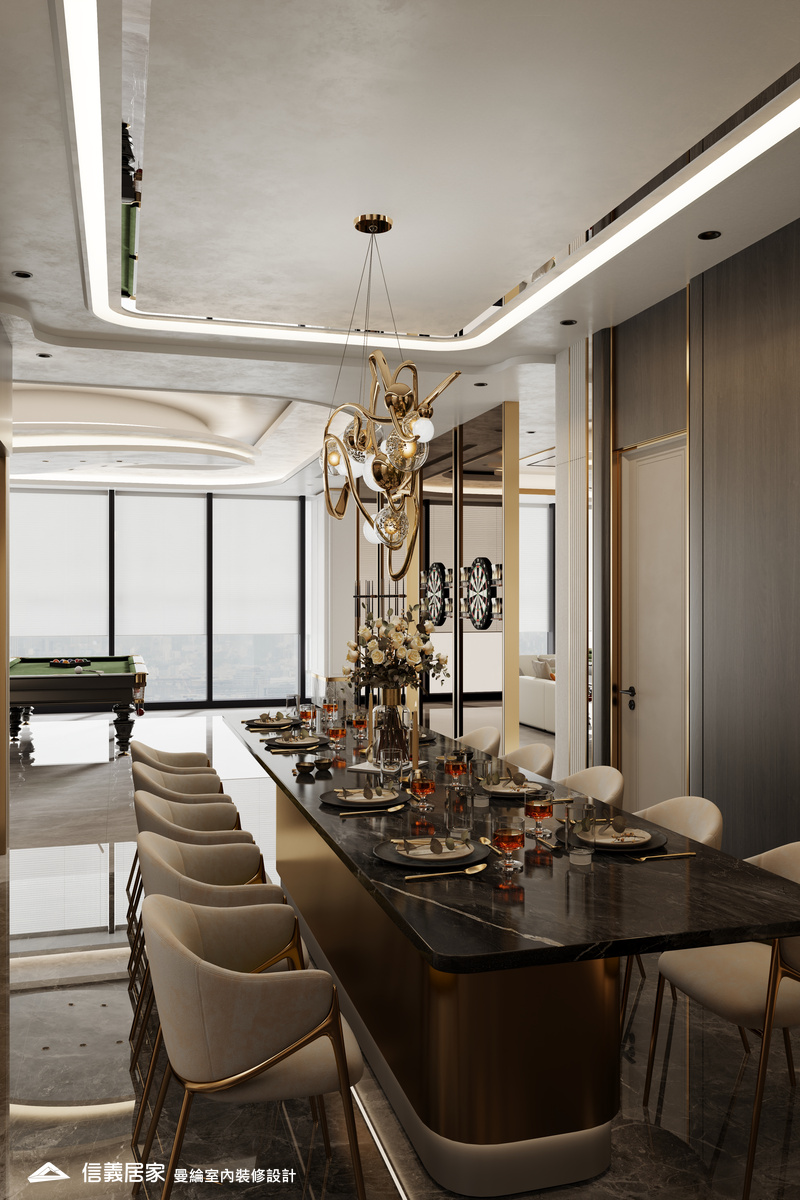 吧檯-3-招待所 奢華風 大理石 鍍鈦飾條 水晶吊燈 大板磚