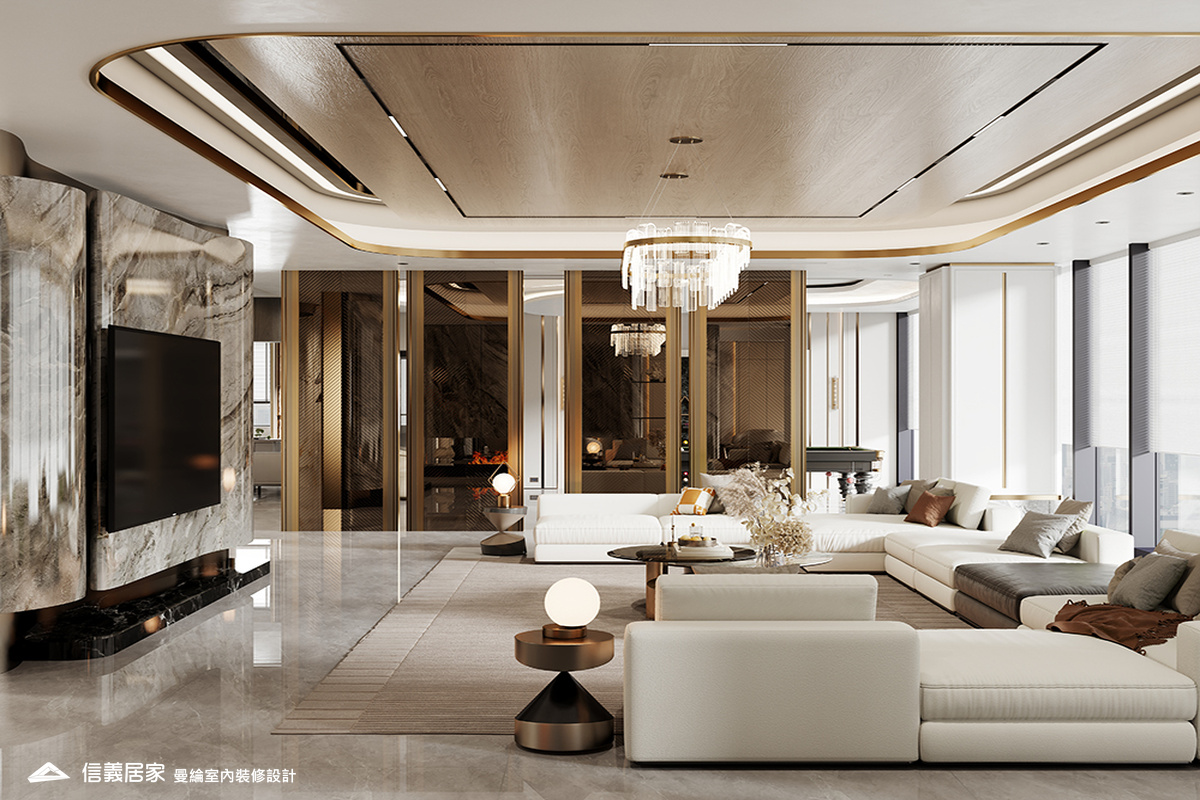 大廳-2-招待所 奢華風 大理石 鍍鈦飾條 水晶吊燈 大板磚