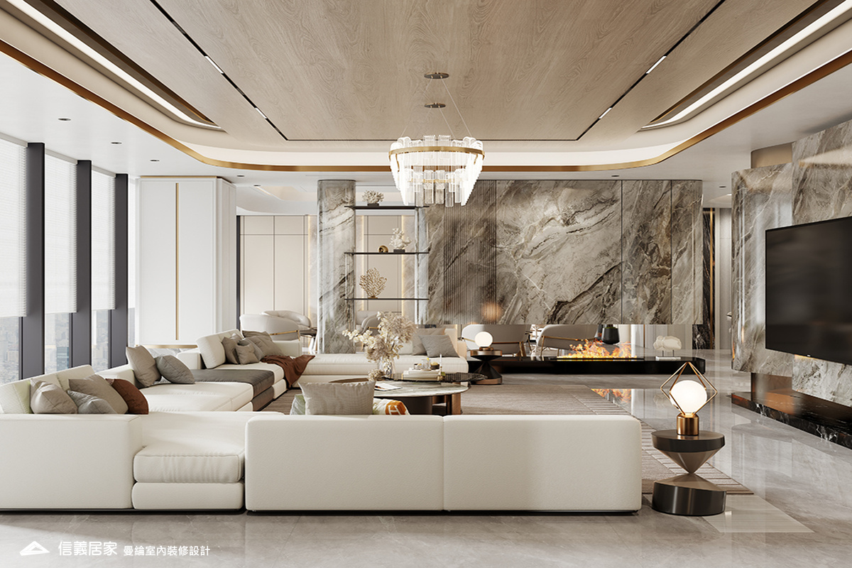 大廳-5-招待所 奢華風 大理石 鍍鈦飾條 水晶吊燈 大板磚