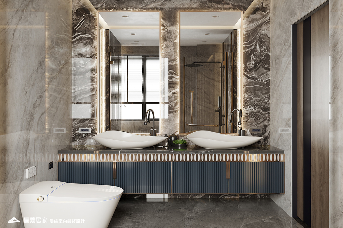 客浴-1-招待所 奢華風 大理石 鍍鈦飾條 水晶吊燈 大板磚