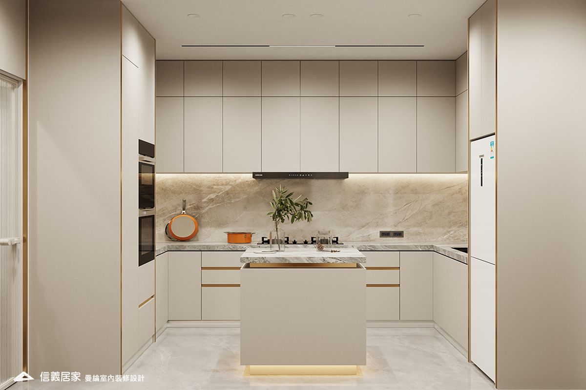 廚房-1-招待所 奢華風 大理石 鍍鈦飾條 水晶吊燈 大板磚