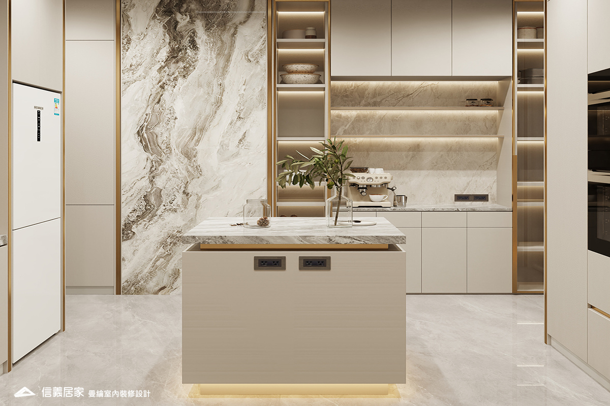 廚房-2-招待所 奢華風 大理石 鍍鈦飾條 水晶吊燈 大板磚