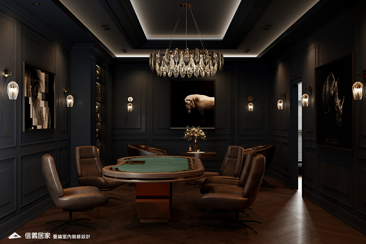 德州撲克室-1-招待所 奢華風 大理石 鍍鈦飾條 水晶吊燈 大板磚