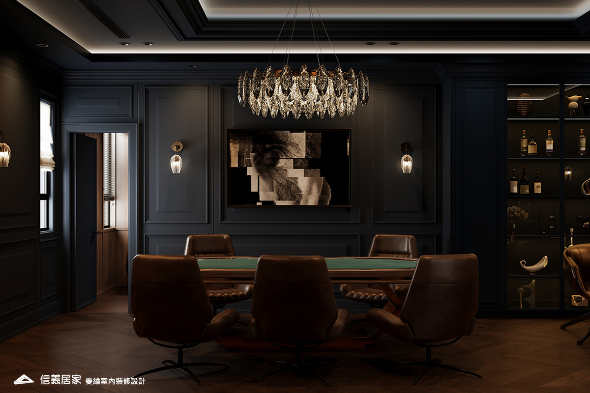 德州撲克室-2-招待所 奢華風 大理石 鍍鈦飾條 水晶吊燈 大板磚