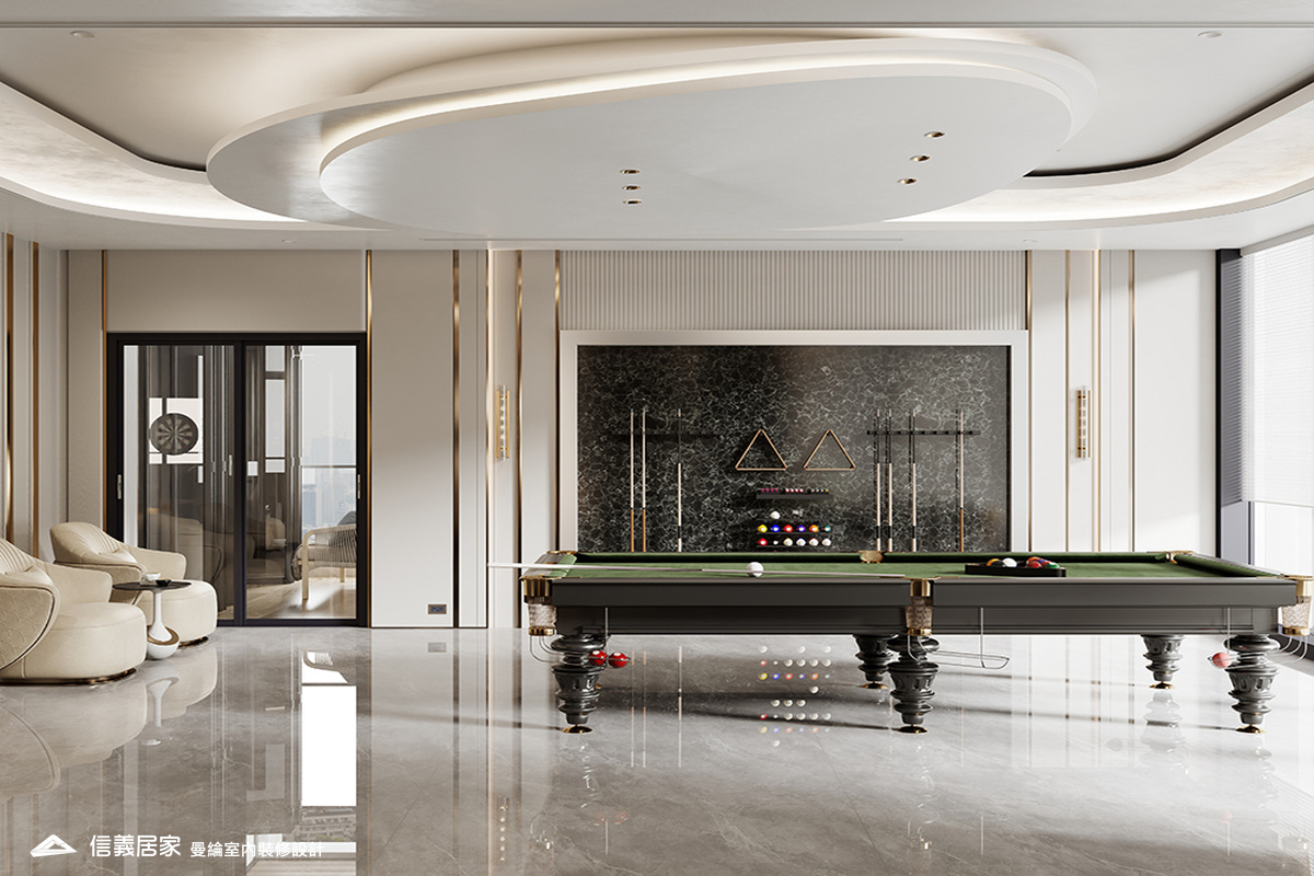 撞球區-1-招待所 奢華風 大理石 鍍鈦飾條 水晶吊燈 大板磚