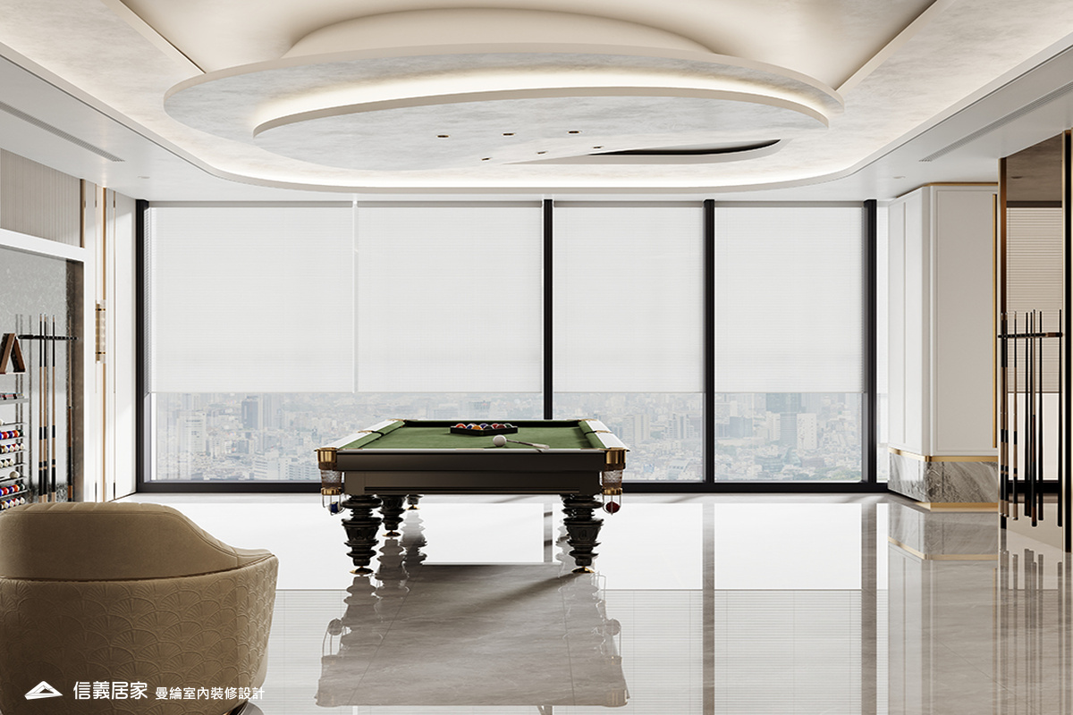 撞球區-2-招待所 奢華風 大理石 鍍鈦飾條 水晶吊燈 大板磚