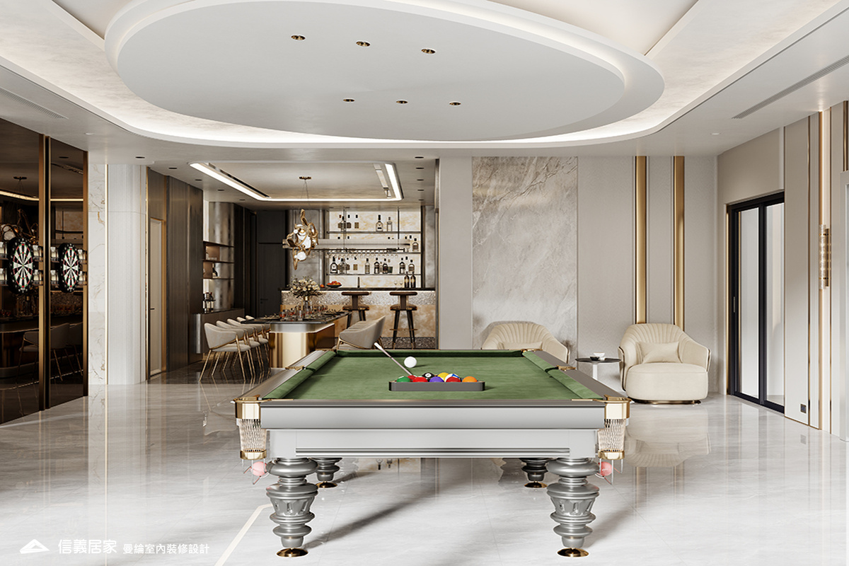 撞球區-3-招待所 奢華風 大理石 鍍鈦飾條 水晶吊燈 大板磚