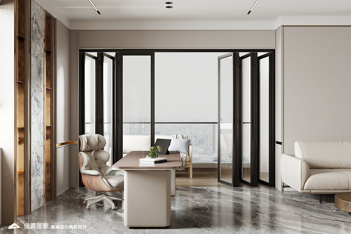 書房-1-招待所 奢華風 大理石 鍍鈦飾條 水晶吊燈 大板磚