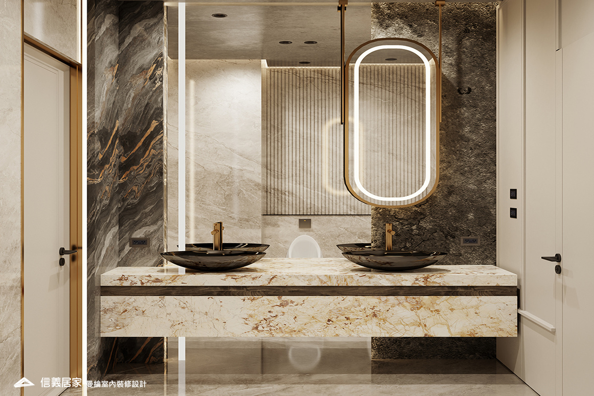 次浴-1-招待所 奢華風 大理石 鍍鈦飾條 水晶吊燈 大板磚