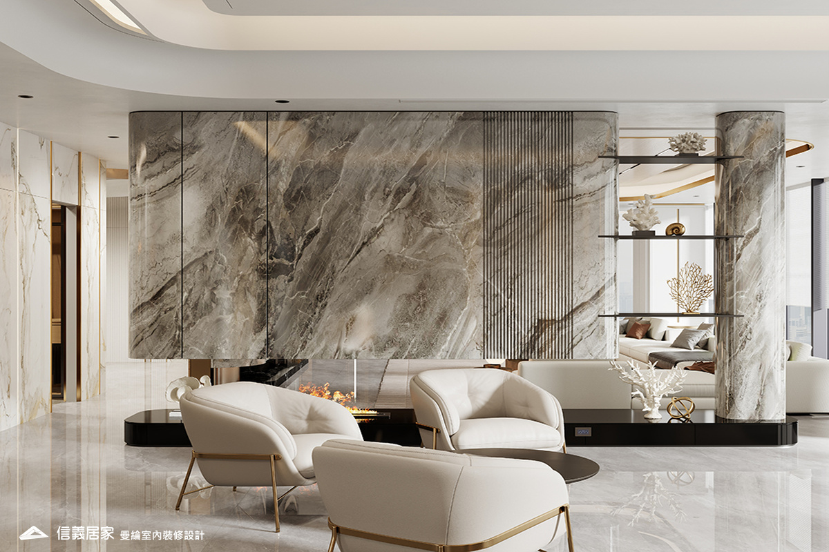 洽談區-1-招待所 奢華風 大理石 鍍鈦飾條 水晶吊燈 大板磚