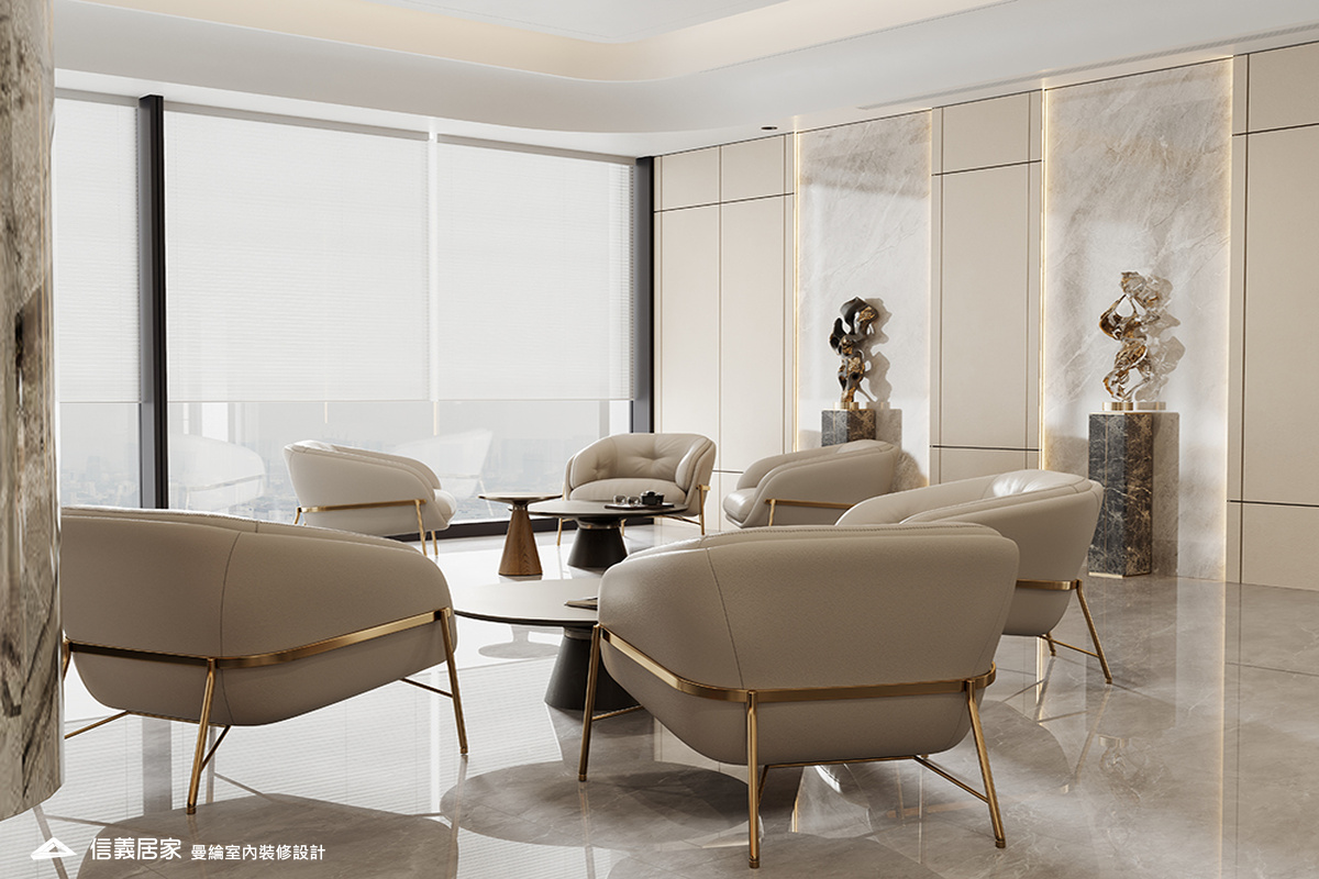 洽談區-3-招待所 奢華風 大理石 鍍鈦飾條 水晶吊燈 大板磚