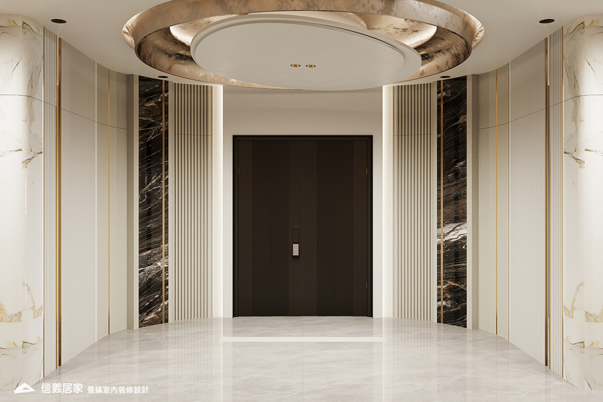 玄關-1-招待所 奢華風 大理石 鍍鈦飾條 水晶吊燈 大板磚