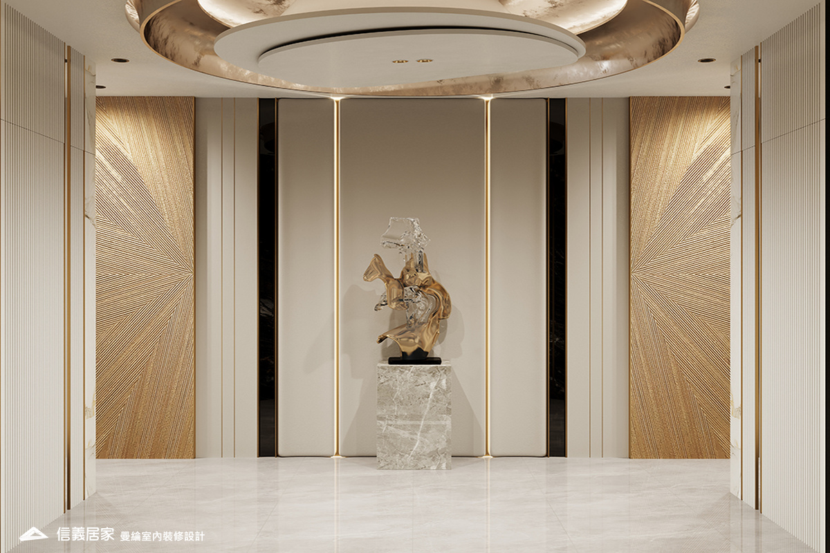 玄關-2-招待所 奢華風 大理石 鍍鈦飾條 水晶吊燈 大板磚