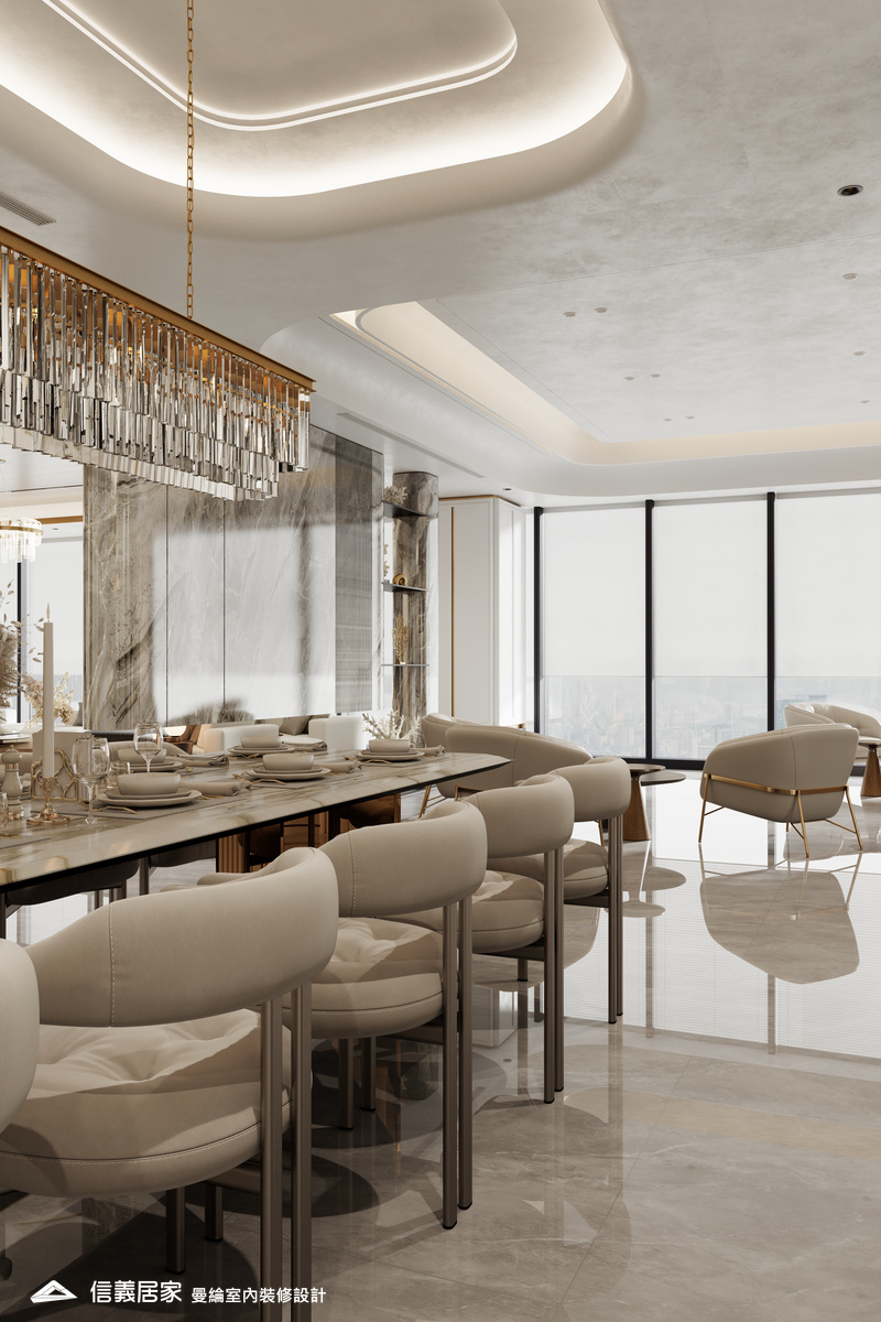 餐廳-3-招待所 奢華風 大理石 鍍鈦飾條 水晶吊燈 大板磚