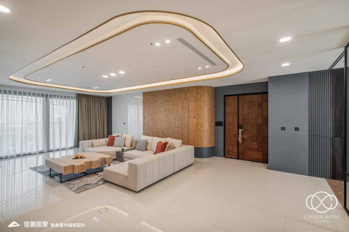 4.客廳_系統櫃_壓花玻璃_大板磚_藝術漆_現代輕奢風