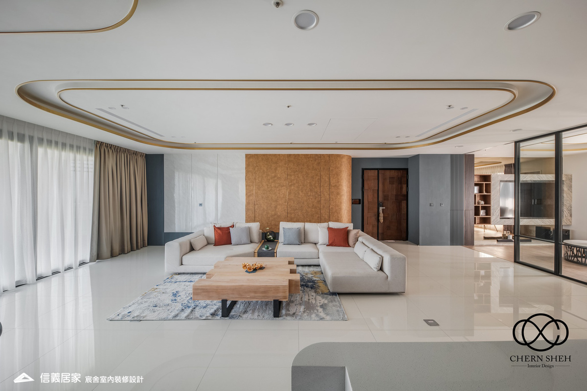 5.客廳_系統櫃_壓花玻璃_大板磚_藝術漆_現代輕奢風