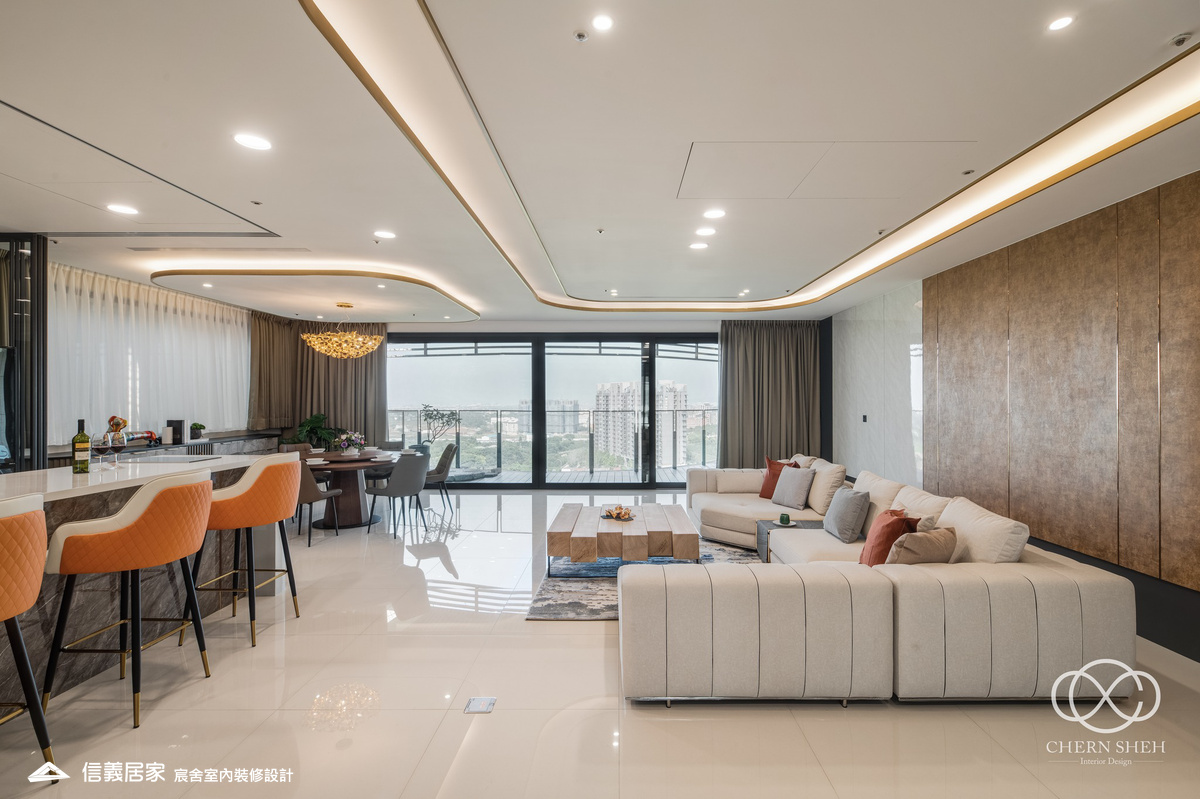 6.客廳_系統櫃_壓花玻璃_大板磚_藝術漆_現代輕奢風