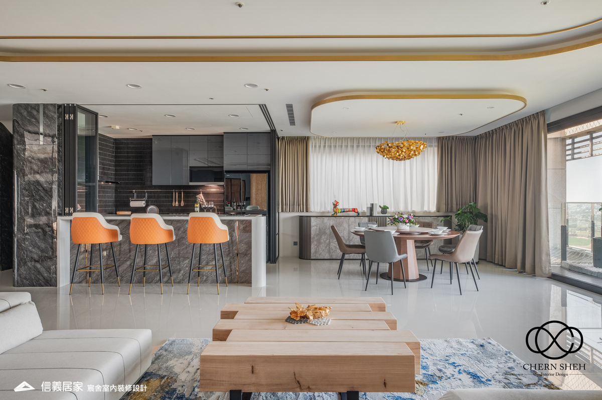 7.客廳_系統櫃_壓花玻璃_大板磚_藝術漆_現代輕奢風