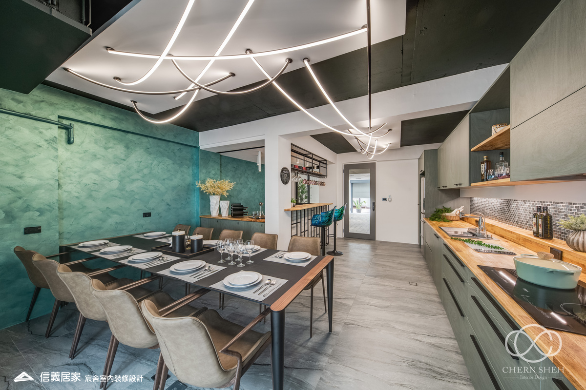 09.客廳_廚房_中島_特殊塗料_系統櫃_電器櫃_鐵件_綠色_黑白_翻新