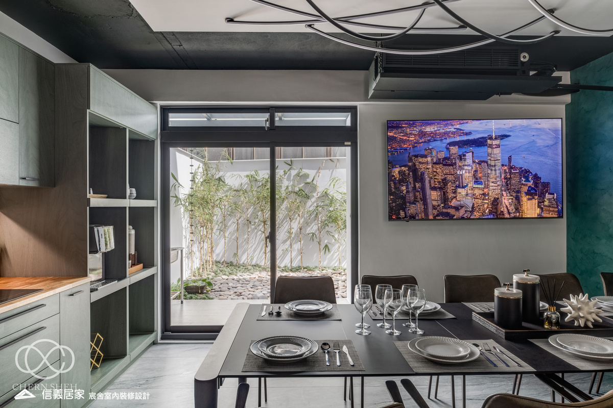 16.客廳_廚房_中島_特殊塗料_系統櫃_電器櫃_鐵件_綠色_黑白_翻新