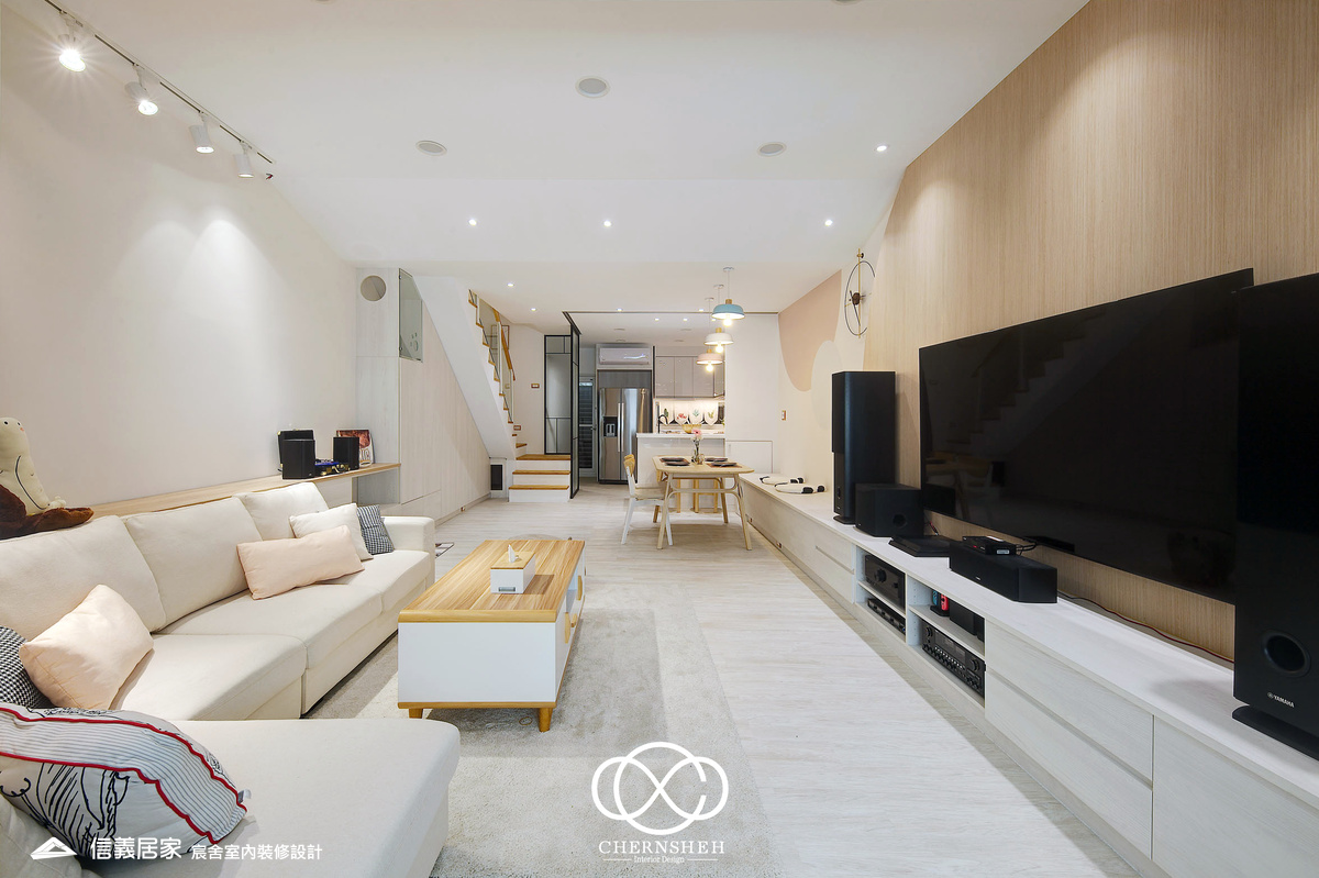 04.客廳_奶油風_花磚_系統櫃_鐵件_白色_米色_奶茶色_翻新