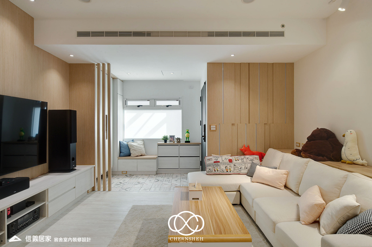 07.客廳_奶油風_花磚_系統櫃_鐵件_白色_米色_奶茶色_翻新