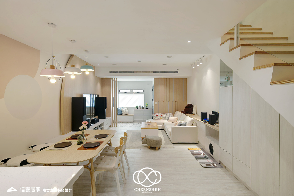 09.客廳_奶油風_花磚_系統櫃_鐵件_白色_米色_奶茶色_翻新