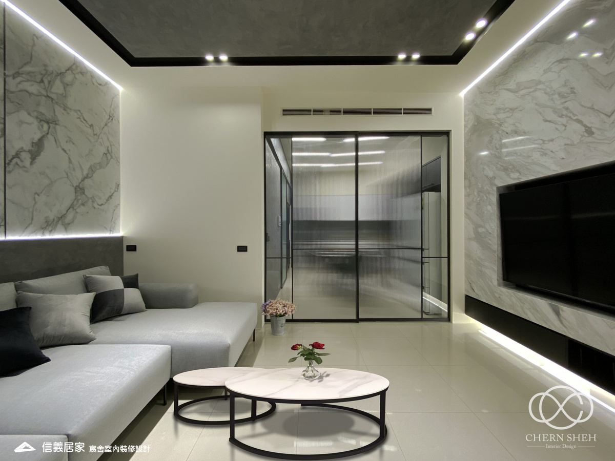 05.玄關_客廳_大理石_大理石電視牆_灰色_玻璃推拉門_輕奢風