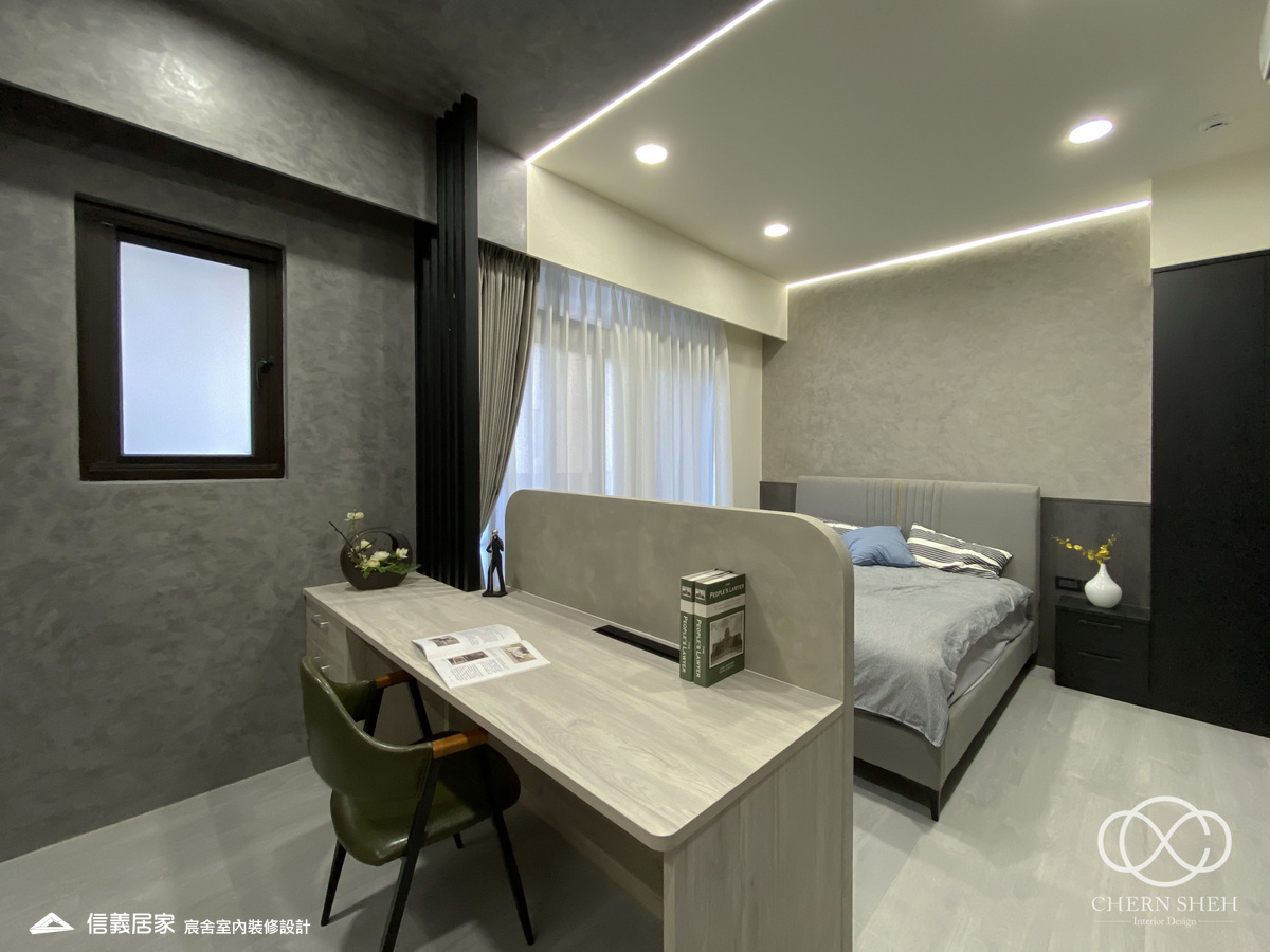 17.臥室_書房_系統櫃_灰色_黑色_特殊漆_玻璃推拉門_輕奢風